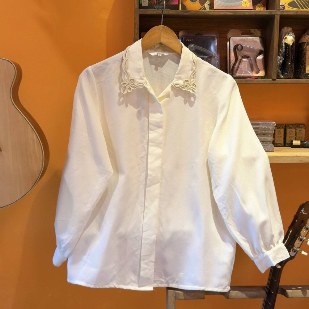 Elegant White Blouse Embroidered Collar Detail Top